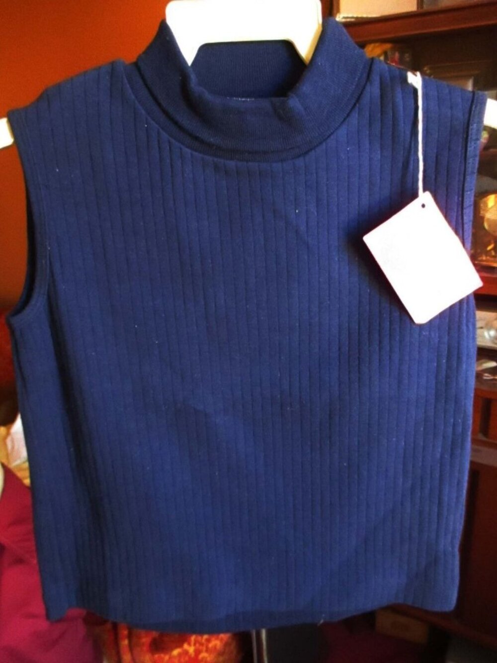 NWT sz 10 Girls Top Vintage 1970's Navy Blue Sleeveless Ribbed Knit USA